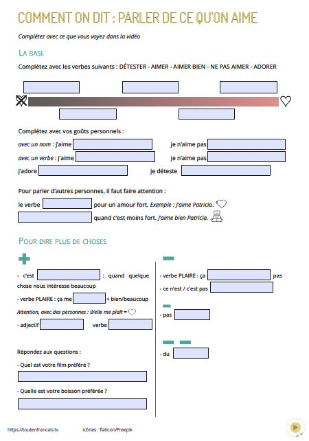Comment on dit 23 Parler de ses goûts FLE A1 TOUT EN FRANÇAIS